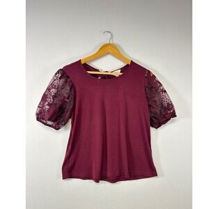 Romantic Flower & Feather Blouse Womens L Burgundy Lace Puff Sleeve Back Tie